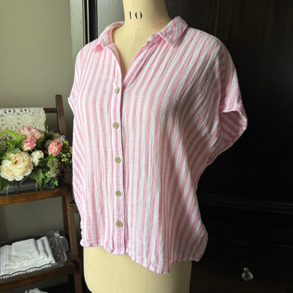 Striped Gauze Button Up Shirt Pink White Short Sleeve Relaxed‎ Fit XL Coastal